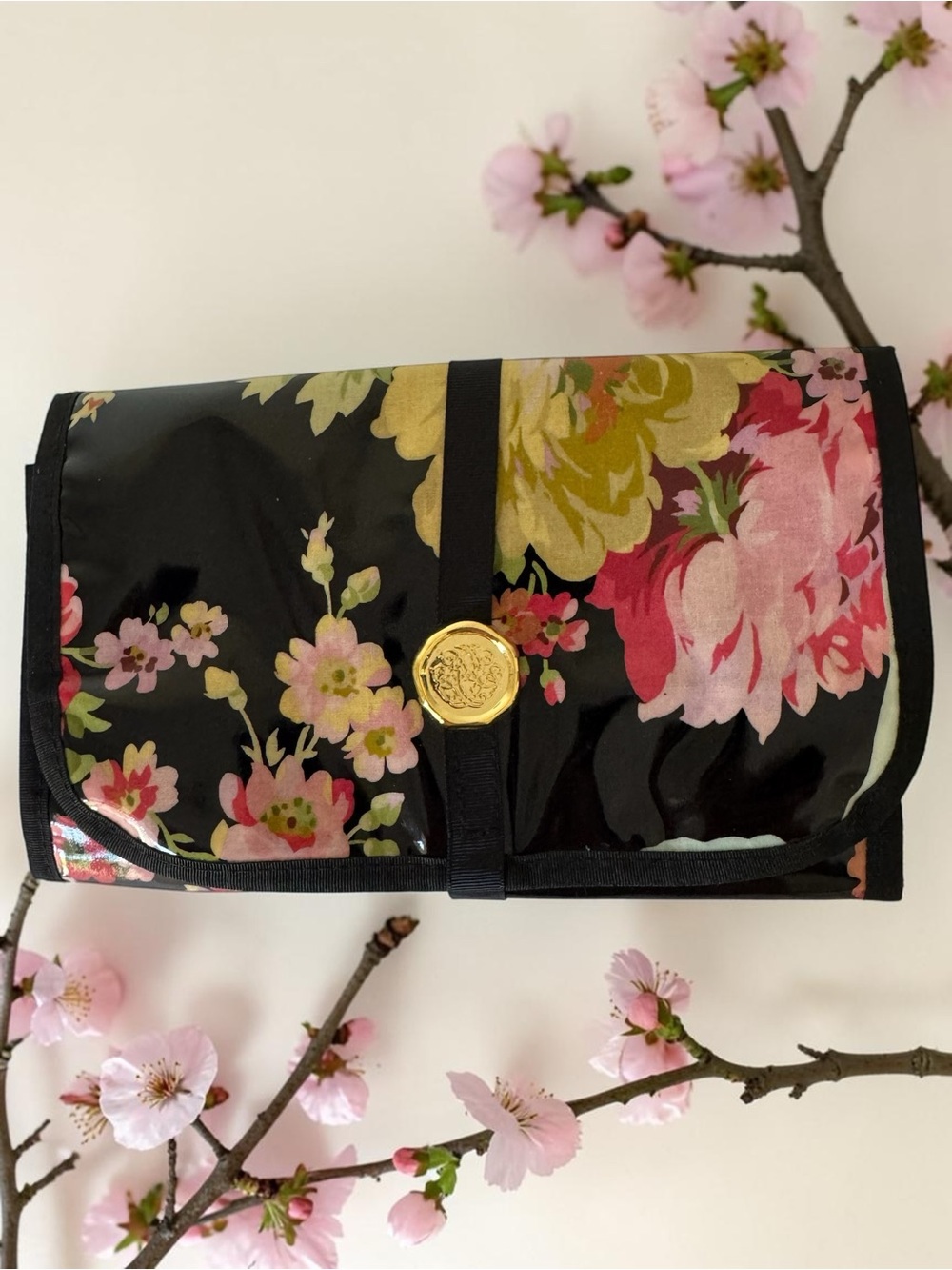 Beautiful Anna Griffin Black Floral Tri-Fold Hanging Cosmetic Organizer
